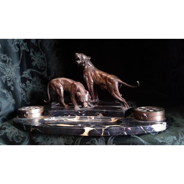 Metal Austrian Art Deco Bronze Big Cat Double Inkwell Desk Set on Black Veined Marble For Sale - Image 7 of 7