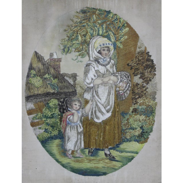 Wood Antique 19th Century Embroidered Silk French Pastoral Provincial Scene Woman Child Stumpwork For Sale - Image 7 of 11