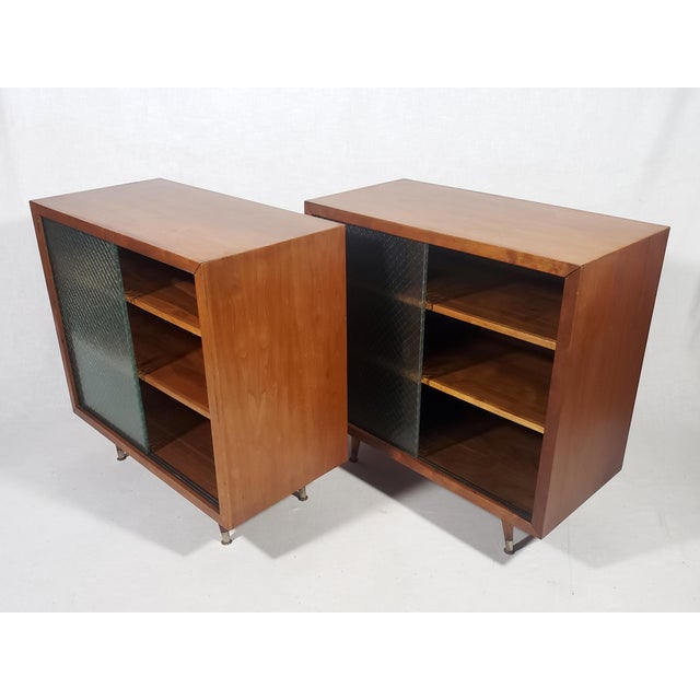 Pair of Vintage Original Mid-Century Modern Walnut Finish All Wood Display Cabinets With Adjustable Shelves and Sliding Wire Glass Doors For Sale - Image 12 of 18