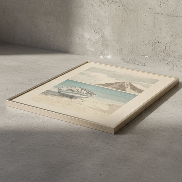 1970s A. Guardieli, Ocean Boat & Mountain, Embossed Print, Framed For Sale - Image 5 of 7