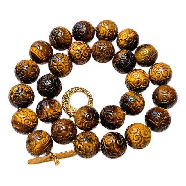Vintage Carved Tiger's Eye Necklace, Large Carved Natural Tiger Eye Beads, Sterling Silver Gold-Plated Clasp, Statement Necklace For Sale