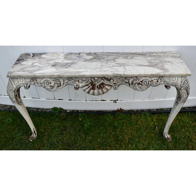 Carved Walnut Console Table Vintage Venetian White Marble Top Louis XV Style 50s For Sale In Philadelphia - Image 6 of 12