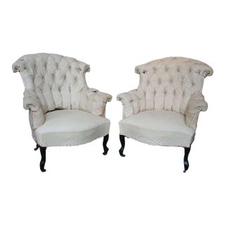 Pair of French 19th C Tufted Armchairs in Muslin For Sale