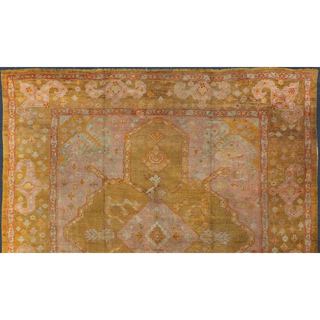 Textile Squared Shape Antique Oushak Rug in Green, Marigold, Cream and Pink Color For Sale - Image 7 of 17