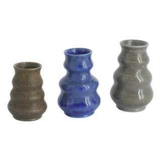 Small Mid-Century Scandinavian Modern Collectible Brown & Blue Wavy Glazed Stoneware Vases by Gunnar Borg for Höganäs Ceramics, 1960s, Set of 3 For Sale
