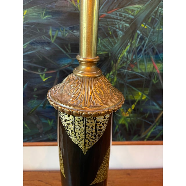 Traditional Theodore Alexander Black Lacquer and Gilt Leaf Column Table Lamp For Sale - Image 3 of 9
