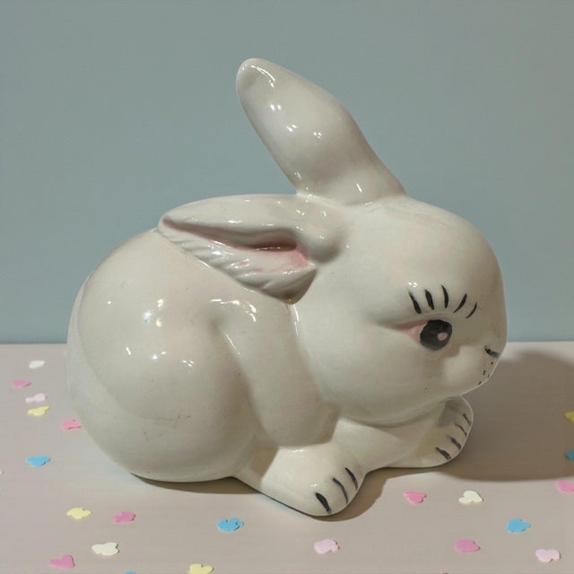Vintage White Hand-Painted Ceramic Easter Bunny For Sale - Image 4 of 12