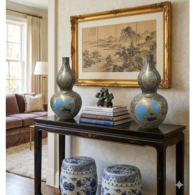 Oriental Purple Blue Gourd Shape Floral Graphic Porcelain Art Vase For Sale - Image 13 of 18