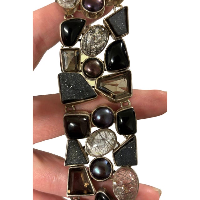 Silver Organic Design Sterling Silver Mosaic Bracelet W/ Quartz, Ametrine, & Onyx For Sale - Image 8 of 8