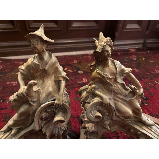 Pair of Early Louis XV Chinoiserie Gilt Bronze Ormolu Chenets / Andirons, Circa 1745 [Sp] For Sale - Image 9 of 11