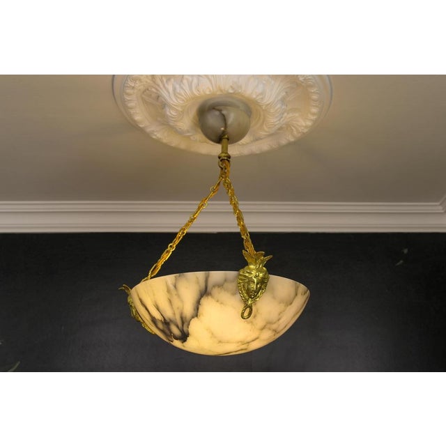 White Alabaster and Bronze Three-Light Pendant Chandelier, France, 1920s For Sale - Image 11 of 18