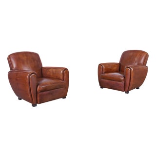 Vintage French Art Deco Leather Club Armchairs, 1940s For Sale
