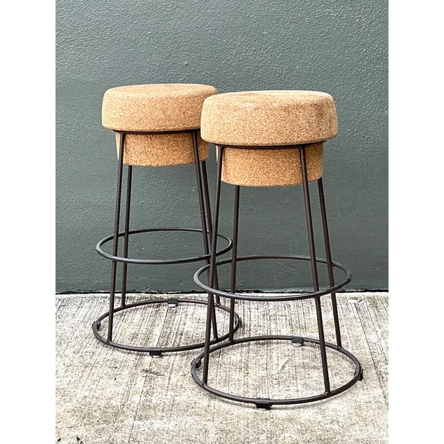 Vintage Cork and Metal Bar Stools - A Pair For Sale - Image 9 of 12