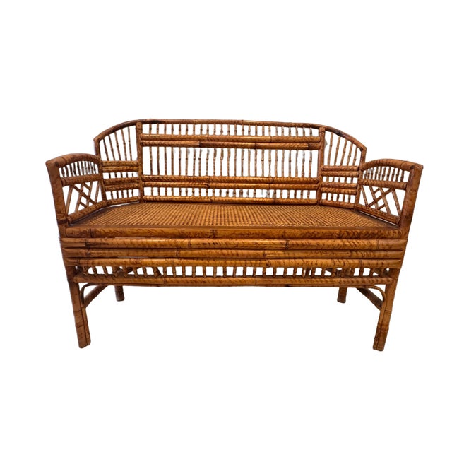 Vintage Brighton Pavilion Style Burnt Bamboo & Cane Settee Bench, C. 1970s For Sale - Image 4 of 11