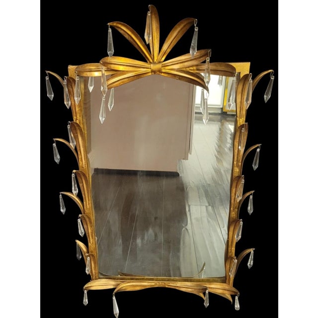 1960s Vintage Hollywood Regency Hans Kogl Style Gold Gilt Metal Palm Frond Crystal Wall Mirror For Sale - Image 5 of 9