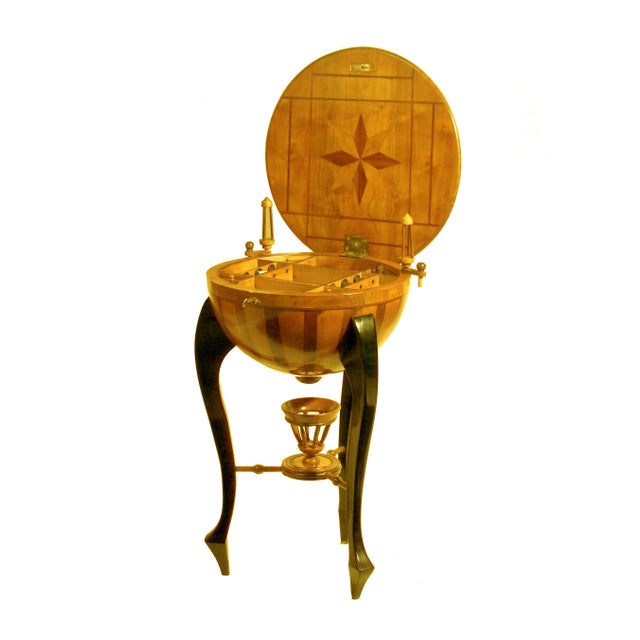 Charming masterwork ca. 1820 with inner spools and multiple compartments. Original lock and key. Lower wool bowl adorns...