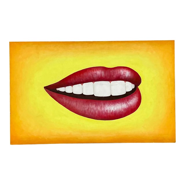 Late 20th Century Vintage Boho Original Lips Oil Painting on Canvas For Sale