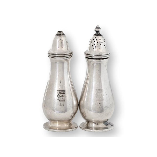 Set of vintage silverplate salt and pepper shakers from the Shaw Savill Line, a British shipping company active from 1939...