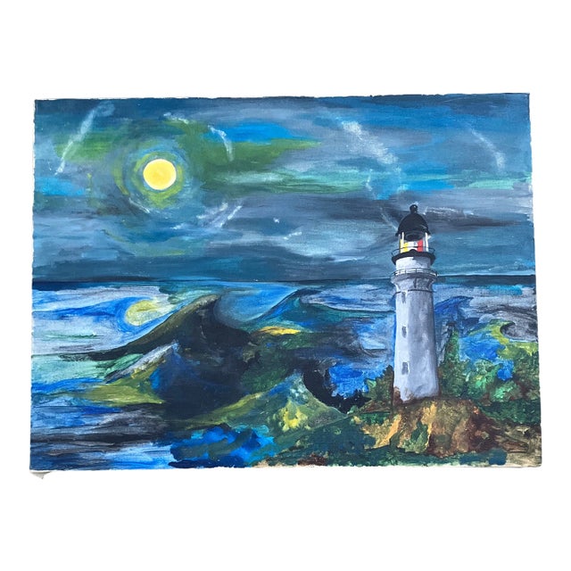1970’s Original Impressionist Seascape With Lighthouse Nighttime Painting For Sale