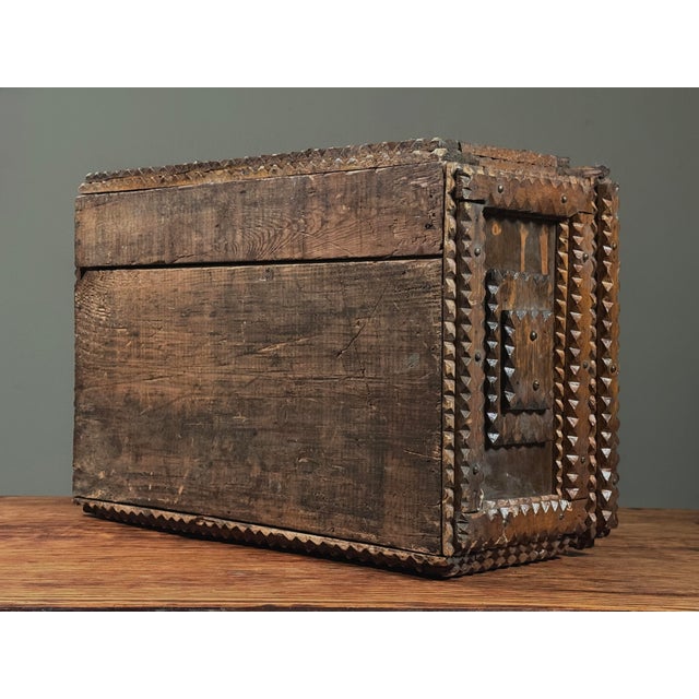 Monumental Antique Tramp Art Chip-Carved Chest With Medallion/Folk Art For Sale - Image 11 of 11