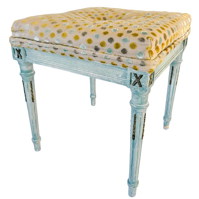 Wood Mid 20th Century French Louis XVI Style Blue Painted Footstools With Brass Accents & Polka Dot Cut Velvet - A Pair For Sale - Image 7 of 18