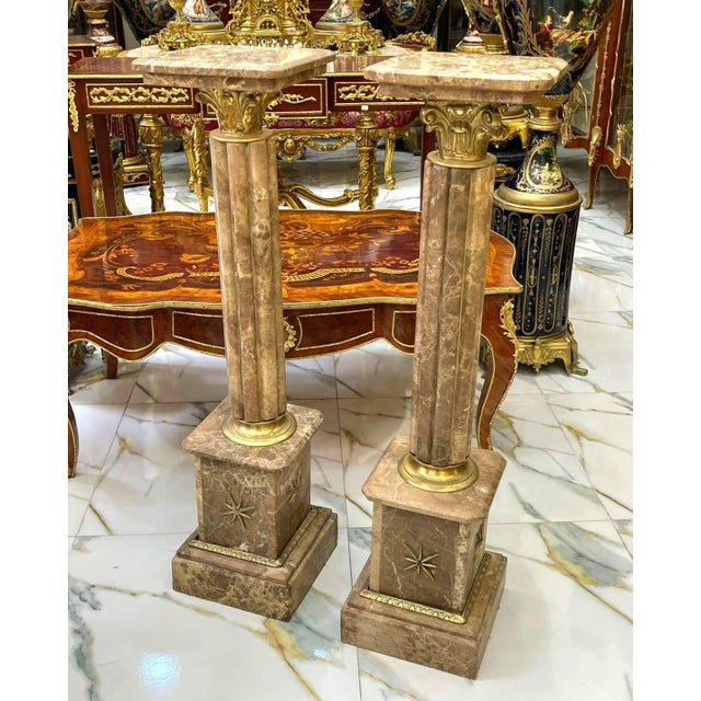 Rococo Rococo Style Pedestal Column Set – Marble Top Gold Leaf Pedestals For Sale - Image 3 of 4
