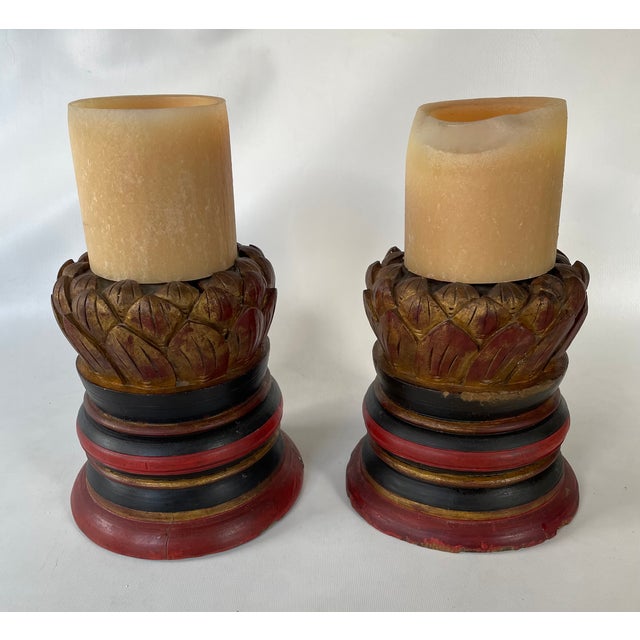 Wood Pair of Antique Asian Capitals With Lotus Flower Design, Polychrome, Gilding For Sale - Image 7 of 8