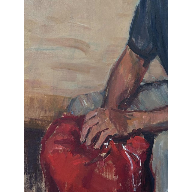 “The Skipper” is a signed original acrylic painting on canvas by Kay Mollison. This expressive portrait depicts a seated...