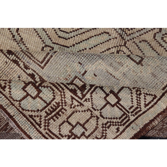 Mid 20th Century Geometric Tribal Vintage Turkish Oushak Rug in Brown Cream Light Blue and Tan For Sale - Image 12 of 13