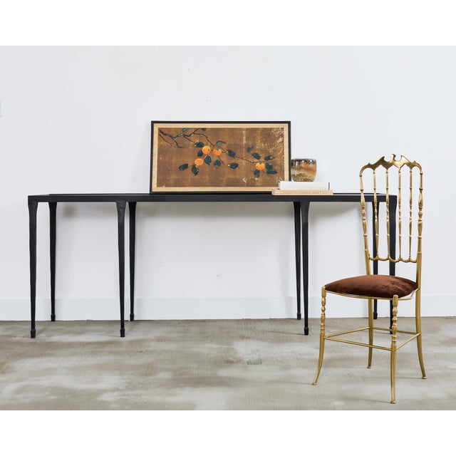 Charming Japanese Showa period hand-painted panel depicting a persimmon branch with leaves. The branch is painted over a...