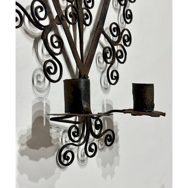 Pair Vintage Wrought Iron Candle Sconces For Sale - Image 4 of 5