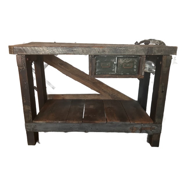 Vintage Wooden Workbench Tool & Task Table, 2 Drawers For Sale