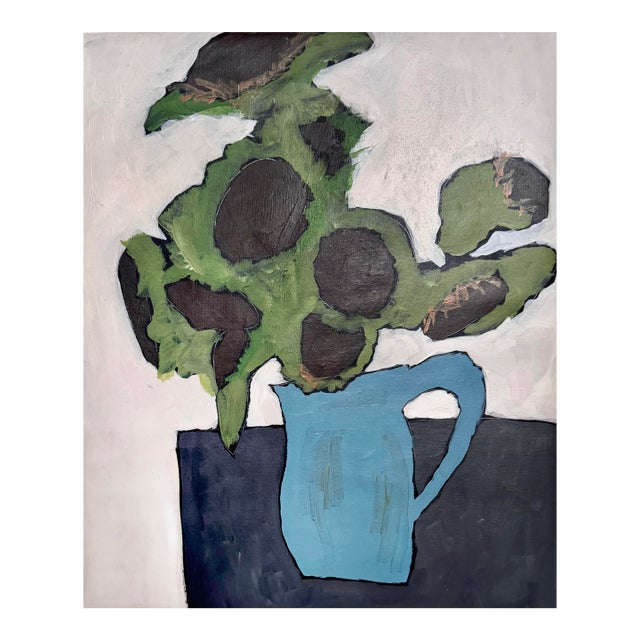 Original Abstract Still Life Acrylic Painting on Canvas, Minimalist Sunflowers in Blue Vase Wall Art, Modern Floral Fine Art For Sale