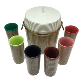 Vintage Cane Bar Set, Ice Bucket With Matching Cups- 7 Pieces For Sale