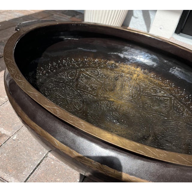 Large Brass Vintage Etched Handcrafted Indian Urli Bowl (29 Inches Long and 20lbs) For Sale In Tampa - Image 6 of 14