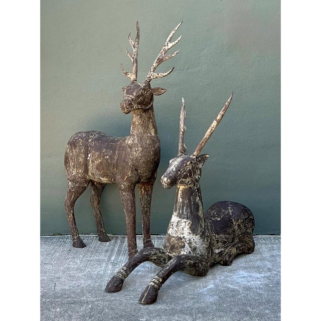 Vintage Carved Wood Deer Sculptures - Pair For Sale - Image 12 of 12
