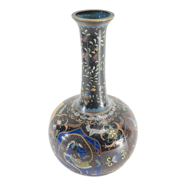 Late 19th Century Japanese Cloisonne Enamel Vase With Dragon and Phoenix For Sale