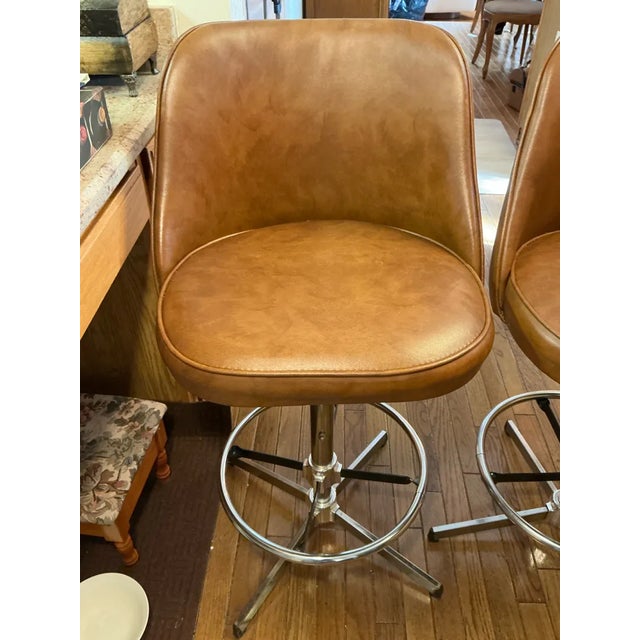 1970s Vintage Chrome and Cognac Vinyl Swivel Bar Stools - A Pair For Sale - Image 4 of 7