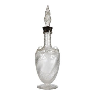 Antique Floral Etched Glass Decanter With Sterling Silver Neck C1900 For Sale
