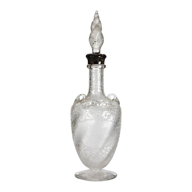 Antique Floral Etched Glass Decanter With Sterling Silver Neck C1900 For Sale