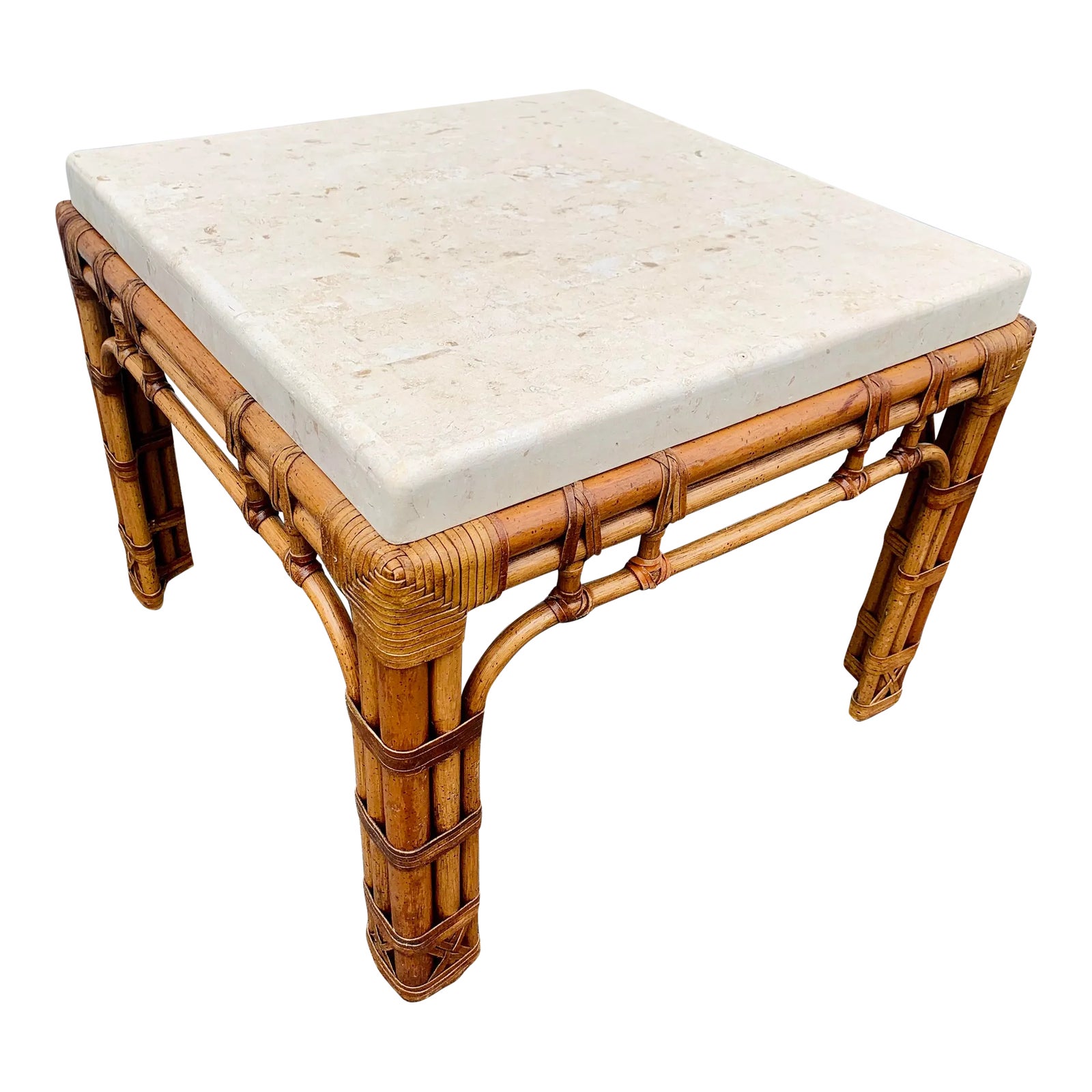 Alexvale Tessellated Stone Top Rattan Base Side Table | Chairish