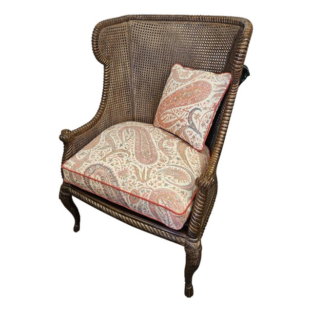 Vintage Classic and Stylish Double Cane Wingback Chair With a Rope Carved Frame and a Linen Paisley Down Seat Cushion For Sale