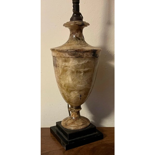 Antique early 19th century George III Derbyshire Spar or Blue John urn mounted as a table lamp. The solid stone displays...