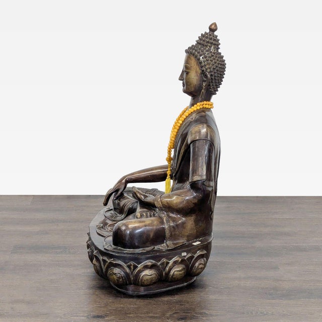 Asian Vintage Bronze Sitting Buddha Sculpture With Yellow Bead Necklace For Sale - Image 3 of 8