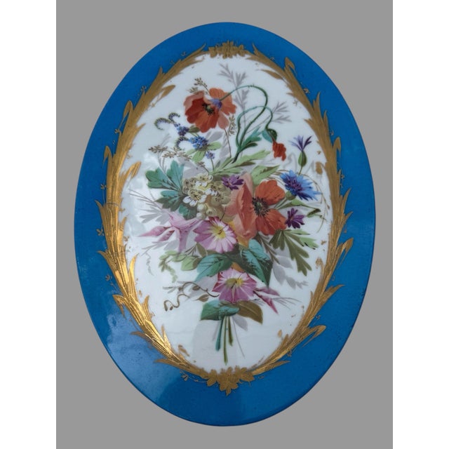 Antique 19th C Sevres Style Hand Painted Porcelain Floral Plaque Blue Gilt For Sale - Image 4 of 6
