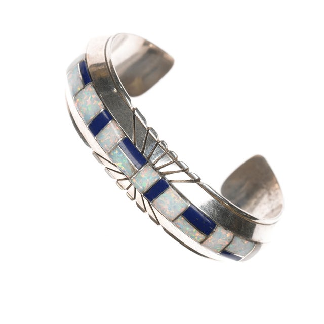 6.5" JB Native American sterling channel inlay Opal and Lapis cuff bracelet For Sale - Image 4 of 11