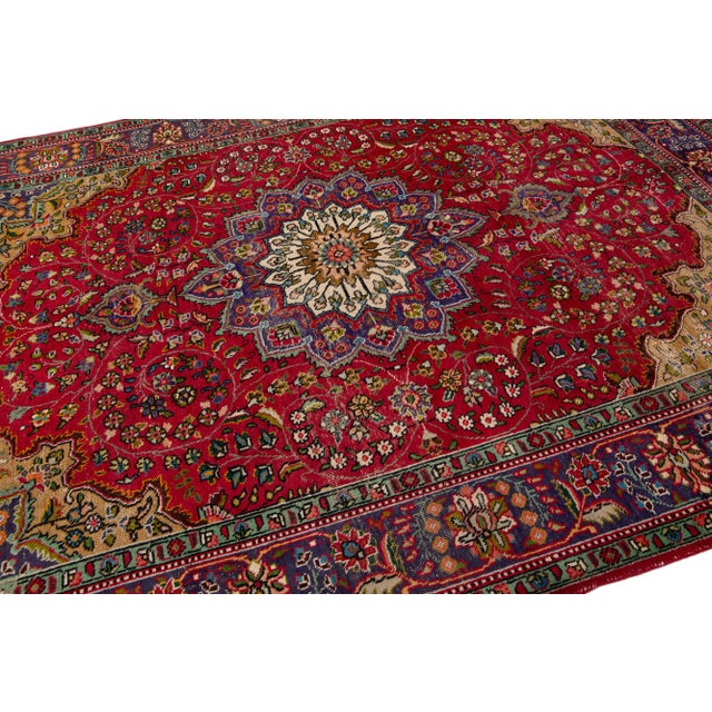 1960s Vintage Persian Tabriz Handmade Medallion Red Wool Rug For Sale In New York - Image 6 of 7