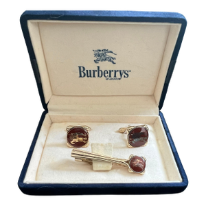 Vintage Burberry Gold Plate & Red Lacquer Cufflinks & Tie Clip "Circa 1970s"