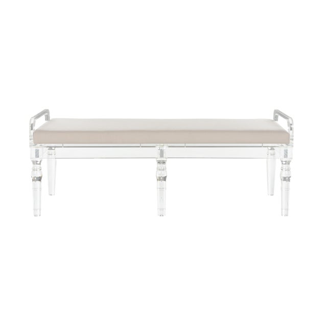 Bring a modern touch with a classic feel. The Masters Acrylic Bench is upholstered in a neutral muslin cloth with a...
