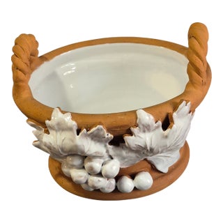 Vintage Italian Hand Decorated White Grapes Glazed Terra-Cotta Basket Planter For Sale
